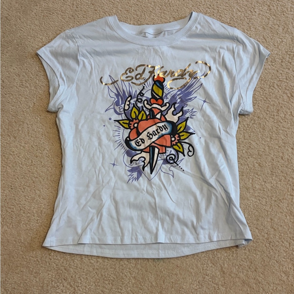 Ed Hardy Light Blue Tee with Sword and Floral Design